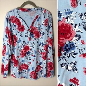 Relativity Henley Top Sz Large 3/4 Roll-Tab Sleeves Floral Cotton Blend Stretch